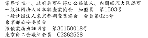 探偵・興信所R&I所属：日本調査業協会
東京都調査業協会